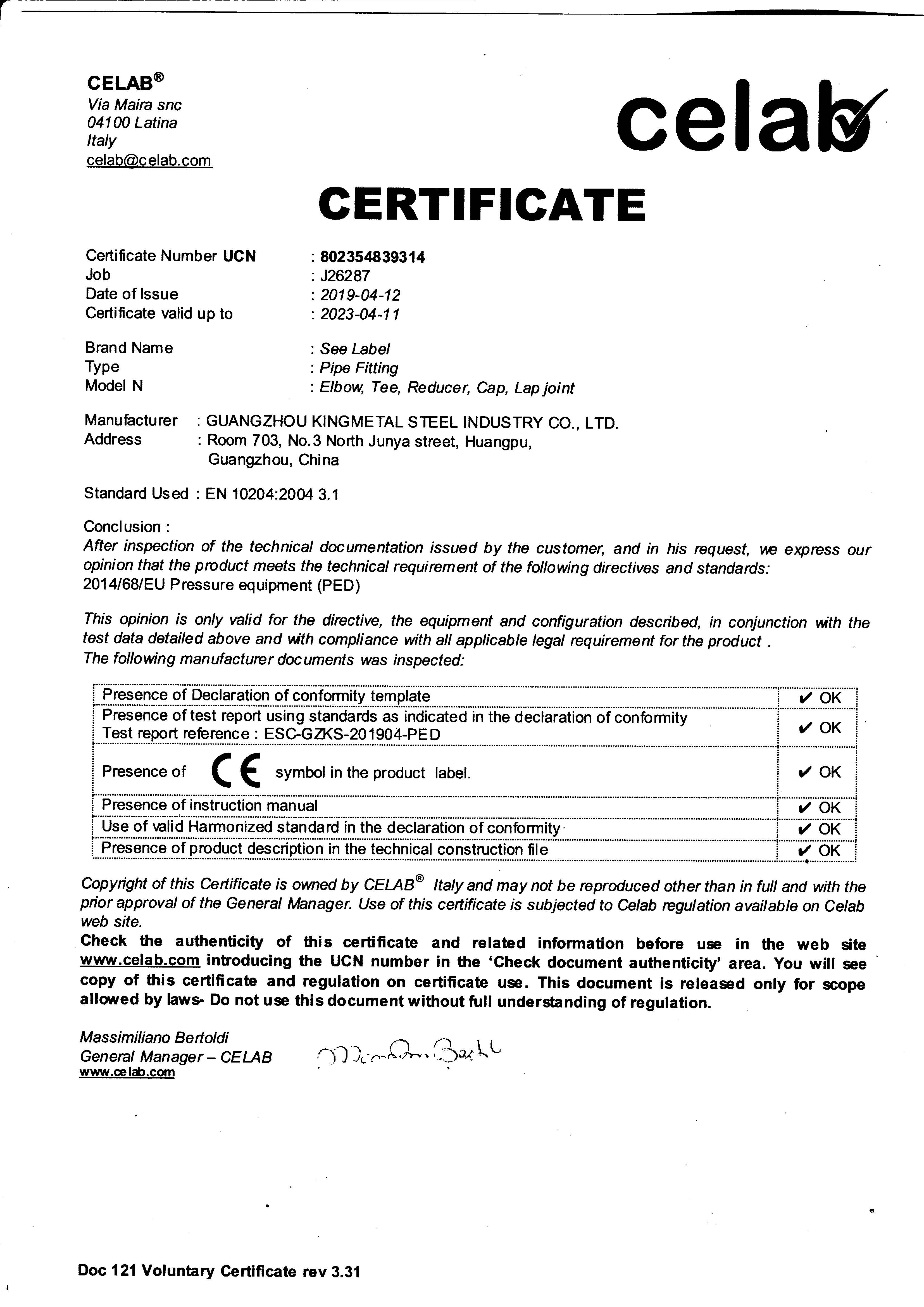 CE certificate from Kingmetal